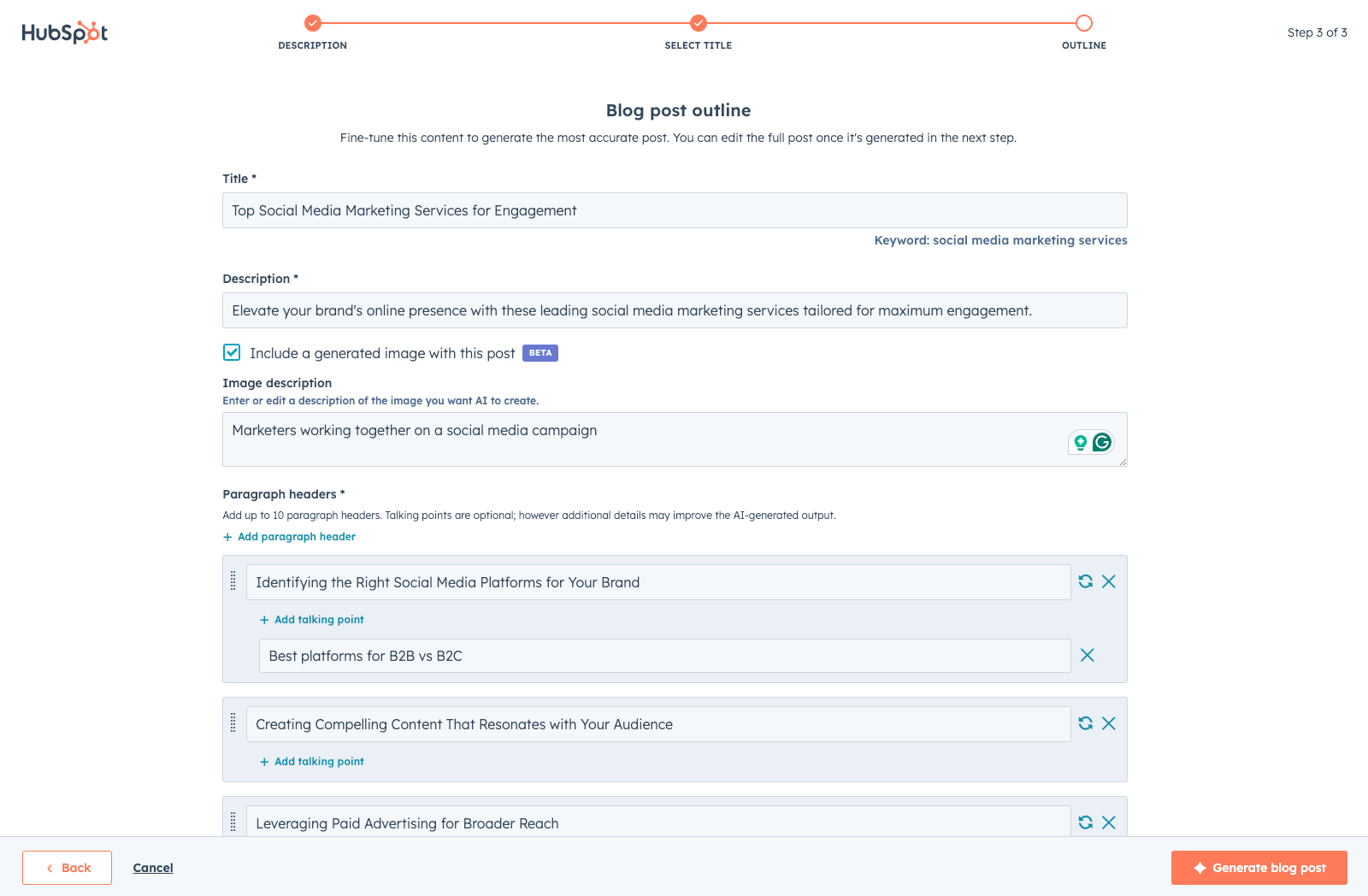 HubSpot's AI blog writer showing blog outlines